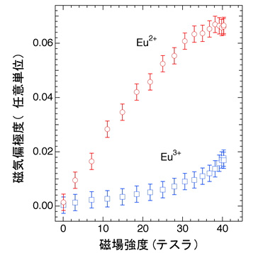 図4:ユーロピウム元素（Eu）の異なる電子価数状態（Eu2+、Eu3+）における磁気応答（磁気偏極度）の磁場依存性