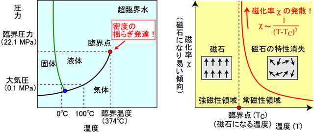 図 1 （左）水の温度—圧力相図　（右）強磁性体（磁石）の温度－磁化率相図