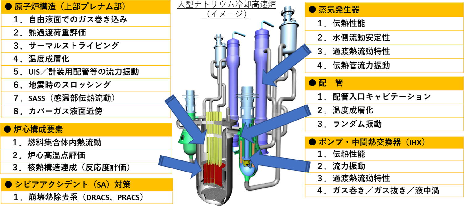 大型ナトリウム冷却高速炉のイメージ図と、各機器で発生する熱流動関連課題のリスト。原子炉構造部でのガス巻き込みやサーマルストライピング、炉心構成要素での燃料集合体内熱流動、蒸気発生器での伝熱管流力振動、配管でのキャビテーション、ポンプ・中間熱交換器での液中渦など、部位ごとに多岐にわたる具体的な課題が示されています。