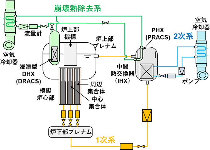 「PLANDTL-1ナトリウム試験装置のループ構成図。模擬炉心部を中心に、1次系(オレンジ)、2次系(青)、および浸漬型DHXを備えた緑色の崩壊熱除去系が、中間熱交換器(IHX)や空気冷却器を介して接続されている系統図です。」