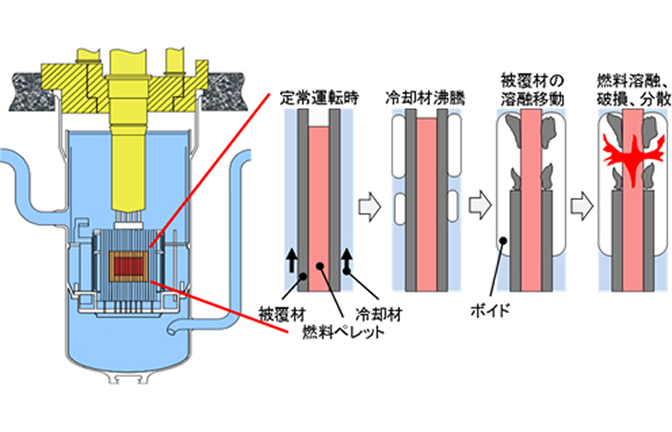 「SAS4Aコードによる燃料ピン内の物理現象解析イメージ。原子炉容器内の炉心部を拡大し、定常運転時から、冷却材の沸騰によるボイド発生、被覆材の溶融移動、そして燃料の溶融・破損・分散に至るまでの4段階の進展挙動が図解されています。」
