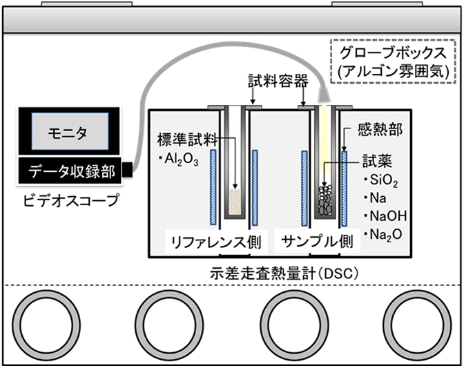 アルゴン雰囲気のグローブボックス内に設置された示差走査熱量計(DSC)の構成図。モニター、データ収録部、ビデオスコープが接続され、装置内部には標準試料(Al2O3)を入れたリファレンス側と、試薬(SiO2, Na等)を入れたサンプル側の2つの容器、および感熱部が示されています。