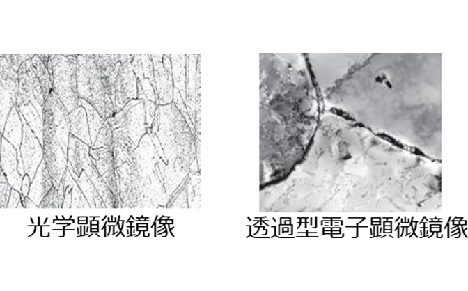 「クリープ破断後の金属組織。光学顕微鏡像では結晶粒の境界が明瞭に確認でき、透過型電子顕微鏡像ではさらに微細な析出物や転位構造が粒界付近に観察されます。」