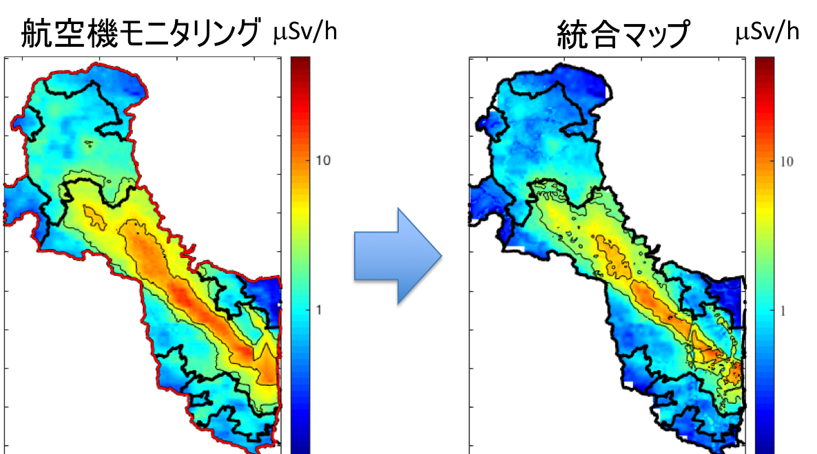 避難指示区域の空間線量率統合マップの一例（航空機モニタリングとの比較）