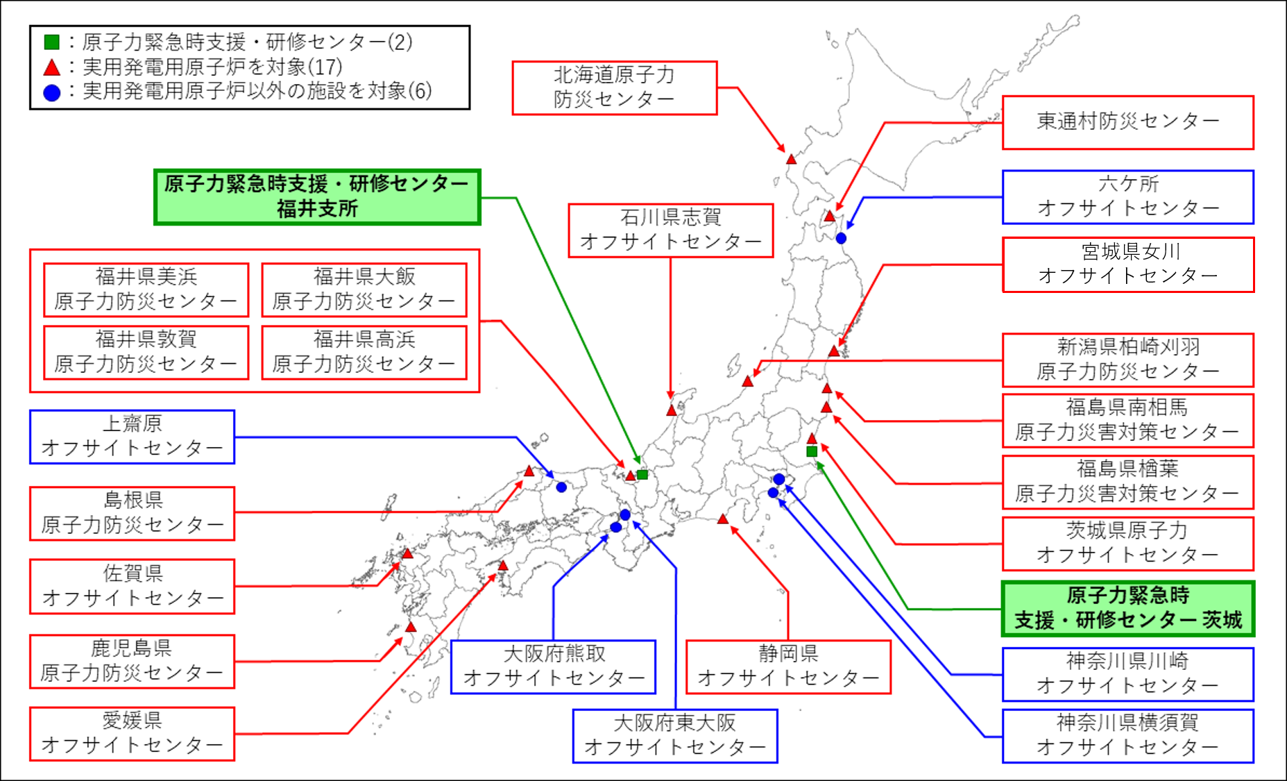 日本におけると支援・研修センターとオフサイトセンターの地図
