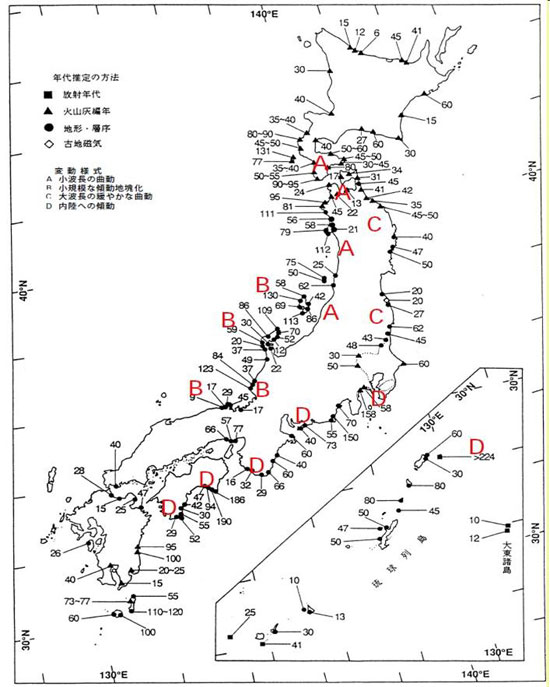 図2 最終間氷期(約12.5万年前)に形成された段丘の旧汀線高度(単位m)