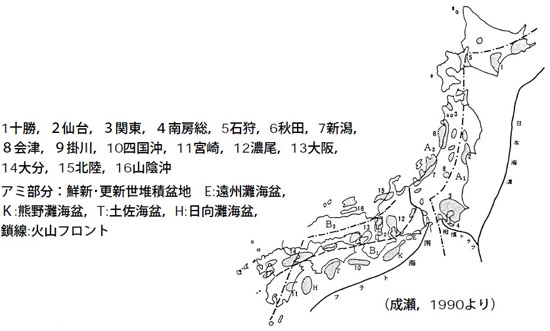 図3 鮮新世・更新世の堆積盆地の分布