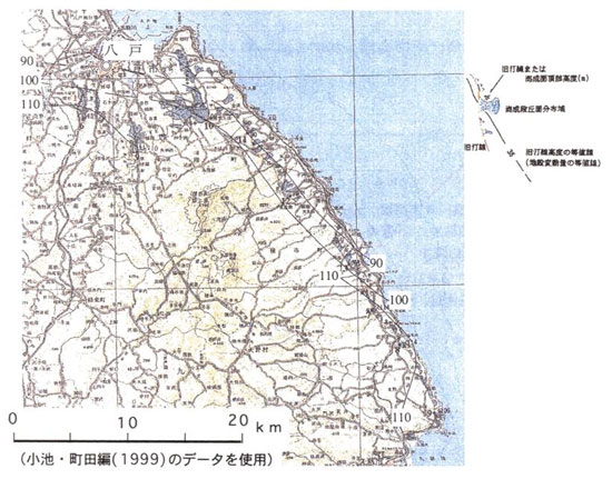 図2 三陸海岸北部(タイプC)の約32万年前の旧汀線高度(m)