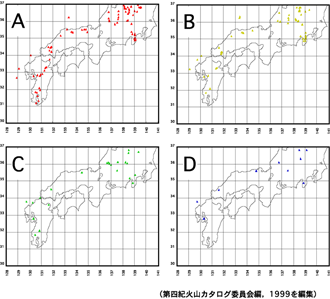 図　日本列島における第四紀火山の時空分布１