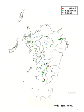 図　九州地方における温泉水のpHの分布