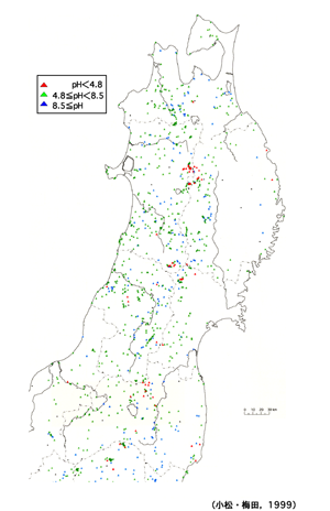 図　東北地方における温泉水のpHの分布