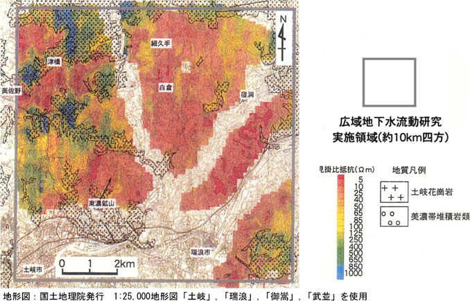 見掛比抵抗分布を地図上に描写した図。堆積岩の分布域では見掛比抵抗が50Ω以下の橙色~赤色を,花崗岩の分布域は50Ω以上の黄緑色・緑色・青色を示す。