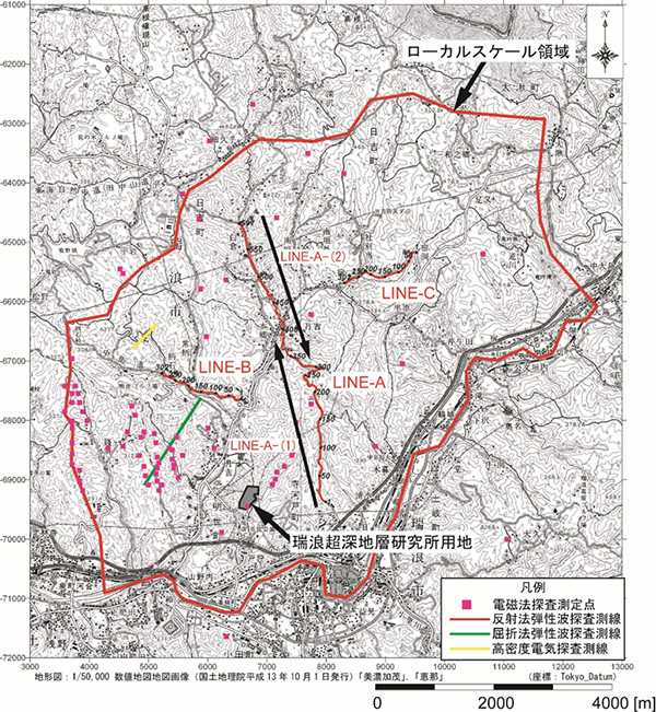 ローカルスケール領域を含む10km四方の地図。地形図：1/50,000数値地図画像（国土地理院平成13年10月1日発行）「美濃加茂」，「恵那」を使用。電磁法探査測定点はピンクの四角で示されており，ローカルスケール領域内西側に集中し，東側と領域外ではまばらである。反射法弾性波探査測線を示す赤線は3本ある。市道天徳・本郷線沿いのLINE-A-(1）と県道大西瑞浪線沿いのLINE-A-(2)を合わせた5kmほどのLINE-A，LINE-Aの西の市道本郷・松野線沿い1.5km弱のLINE-B，LINE-Aの北東の市道半原・宿洞線沿いに1.5kmほどのLINE-Cである。また，LINE-A-(1)の左には南から北に向かう黒矢印，LINE-A-(2)の右には北から南に向かう黒矢印がある。屈折方弾性波測線を表す緑色の線がLINE-B中央の南から南南東方向に1.7kmほどの長さで記載されている。高密度電気探査測線を表す黄色の線はLINE-Bの北西600mほどの位置から北東方向に約600m記載されている。