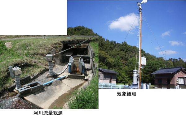 河川流量を観測するために正馬川内に設置された堰および河川流量計と柱の先に風向風速計を取り付けた気象観測装置。