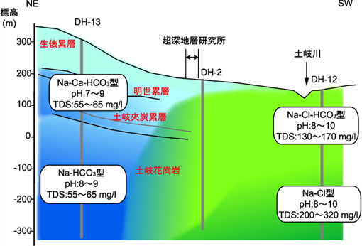 地形,地層境界と水質分布を表現した概念図。地下水の水質は,流域と深度で4つに区分される。北東・浅部:DH-13号孔の掘削地点周辺。瑞浪層群(生俵層,明世層,土岐夾炭層)の分布域。ナトリウム-カルシウム-重炭酸型,pHは7~9,総溶存物質は55~65 mg/L。北東・深部:土岐花崗岩の分布域。水質はほぼ浅部と変わらないが,pHが8~9のアルカリ性を示す。南西浅部:DH-12号孔の掘削地点。Na-Cl-HCO3型,pHは8~10,総溶存物質は130~170 mg/L。南西・深部:ナトリウム-塩化物イオン型,pHは8~10,総溶存物質は200~320mg/L。