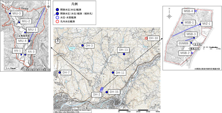この図は,地上からのボーリング孔を利用した地下水圧および水質モニタリング地点を示した図で,瑞浪超深地層研究所用地(面積約7.5ha)では6孔(MIZ-1, MSB-1, MSB-3, 05ME06孔で間隙水圧観測,MSB-2, MSB-4で間隙水圧・水質観測),正馬様用地(面積約14ha)では6孔(AN-1 AN-3, MIU-1, MIU-2, MIU-3, MIU-4で間隙水圧観測),瑞浪超深地層研究所用地周辺(約10km×10kmの領域)では7孔(DH-3, DH-7, DH-11, DH-12, DH-15で間隙水圧観測,DH-2で間隙水圧・水質観測,DH-10で孔内水位観測)を実施された。