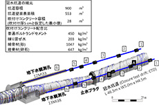原位置実規模試験坑道（冠水坑道）と観測孔のレイアウト図