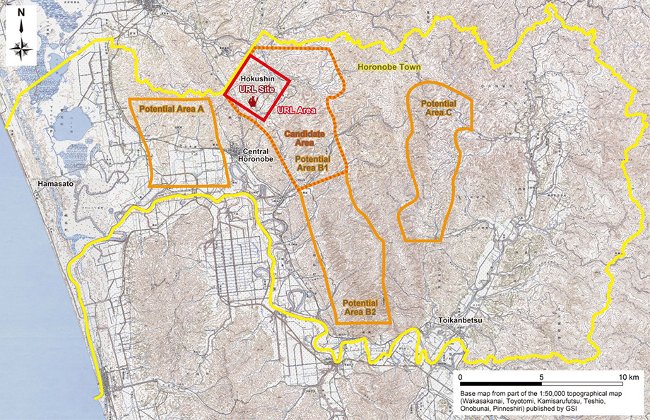 Stepwise selection of URL site: Whole area of Horonobe Town → Potential areas → Candidate area → URL area → URL site
