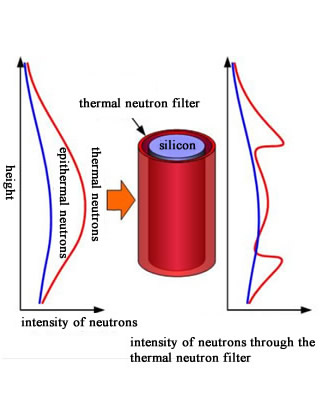 Conceptual diagram of using a thermal neutron filter to improvement the radial distribution of thermal neutron flux