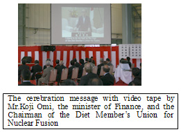 The cerebration message with video tape by Mr.Koji Omi, the minister of Finance, and the Chairman of the Diet Member�s Union for Nuclear Fusion