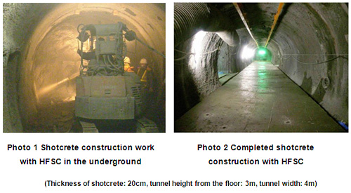 Photo1 Shotcrete construction work with HFSC in the underground / Photo2 Completed shotcrete construction with HFSC